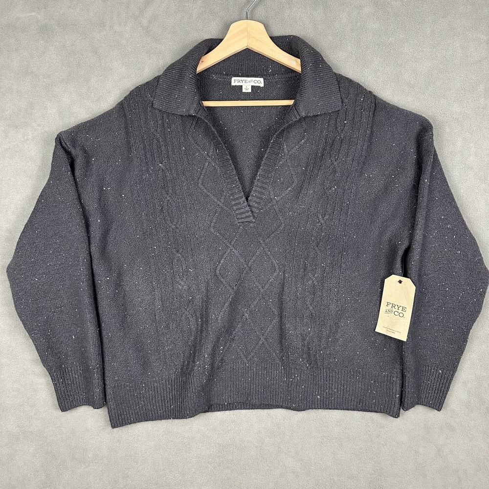 Frye & Co Women's V Neck Sweater Size L Cable Knit Argyle Pullover‎ Long Sleeve
